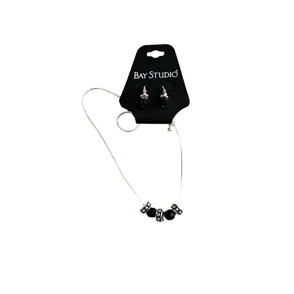 Bay Studio Silvertone and Black Gem Necklace and Earrings Set NWT